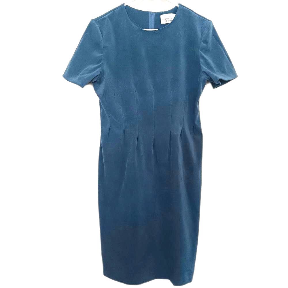 Vintage halmode petites dress womens 6p blue velvet midi short sleeve sheath